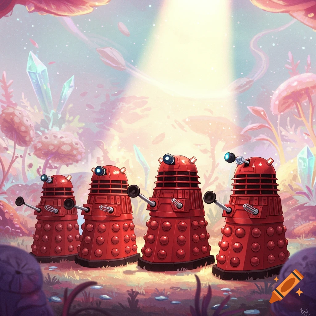 Four red cartoon Daleks stand on a vibrant alien planet with pink mushrooms and glowing crystals, illuminated by a bright beam.
