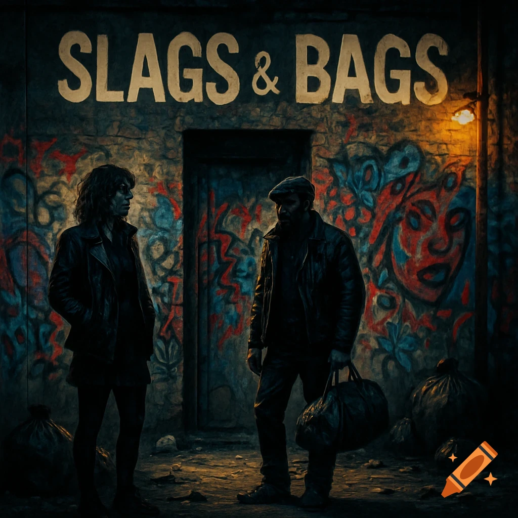 Two figures stand in a dark, graffiti-covered alley beneath a street lamp, with 'SLAGS & BAGS' written on the wall above.