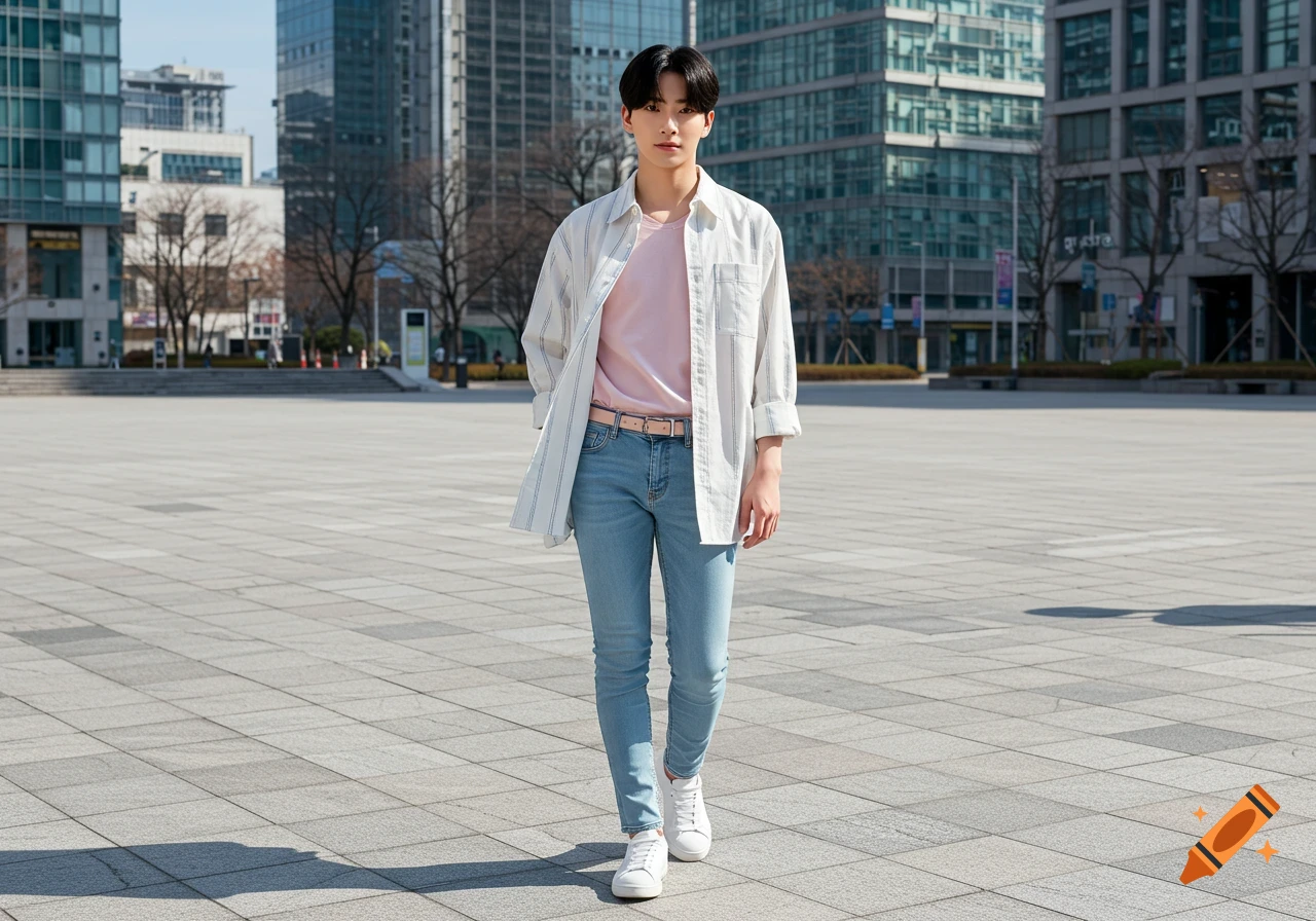 A handsome Korean man wearing a white open shirt over a pink shirt, light blue jeans, and white sneakers, standing in a large city square with modern buildings under a sunny sky.