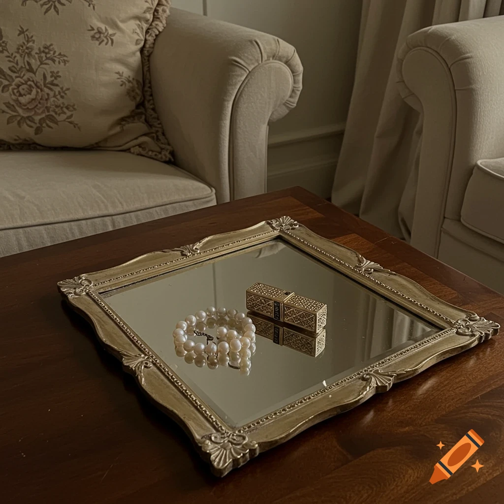 A vintage gold-framed mirror on a dark wooden table, displaying a pearl bracelet and a golden lipstick tube.