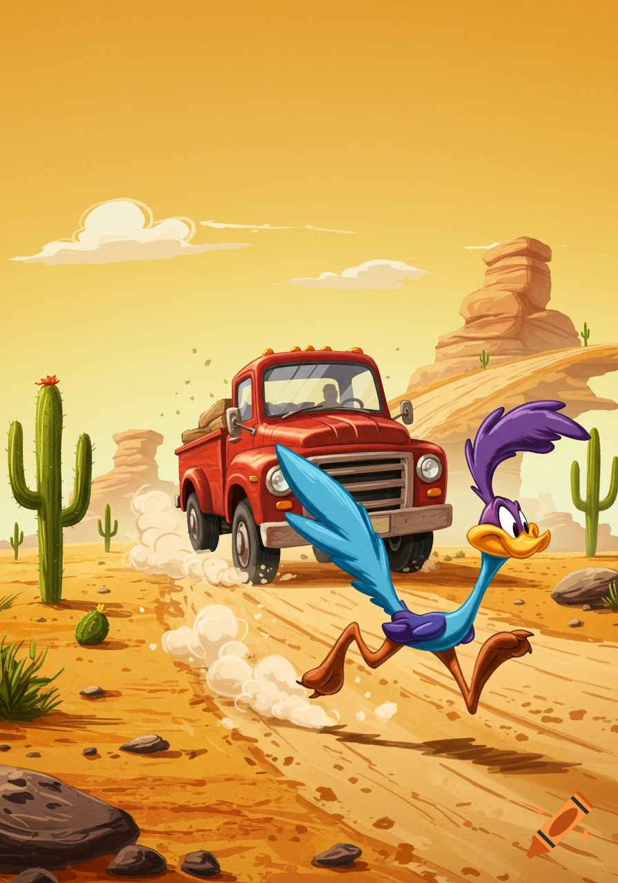 A cartoon Road Runner runs from a red pickup truck on a dusty desert road with cactuses and mesas.