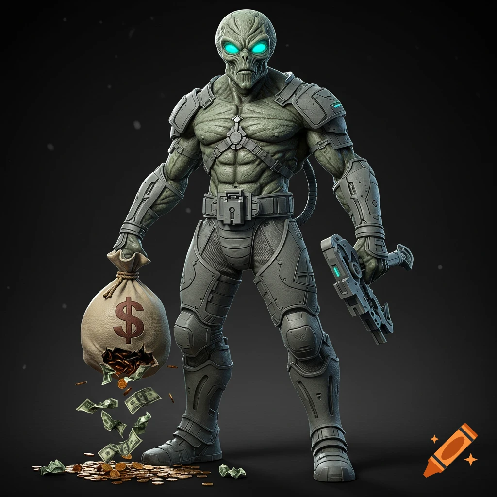A menacing 3D-style alien with glowing eyes, wearing armor, holding a futuristic weapon and a torn money bag spilling cash.