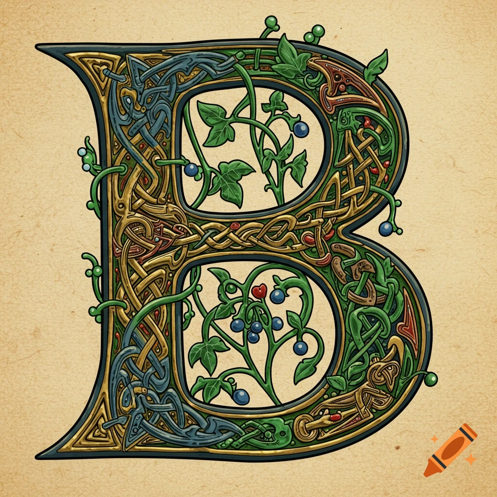 An ornate illuminated capital letter B in Book of Kells style, featuring intricate gold Celtic knotwork, blue berries, and green vines on a parchment background.