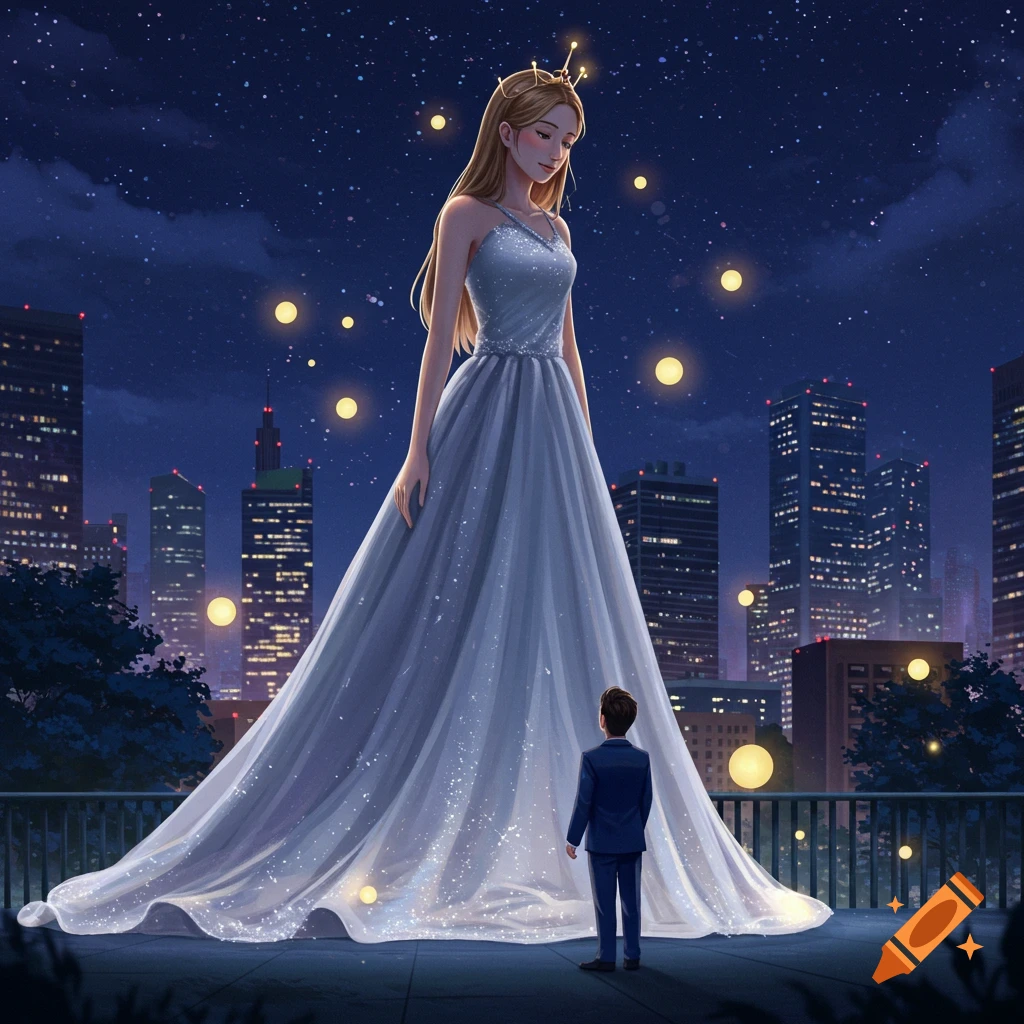 A giant woman in a sparkling gown stands on a rooftop overlooking a city at night, looking down at a tiny man.