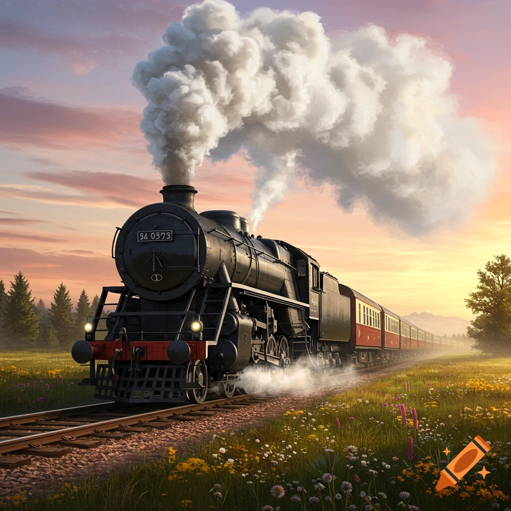 A black steam locomotive with red passenger cars travels on tracks through a green field with wildflowers under a colorful sunset sky.