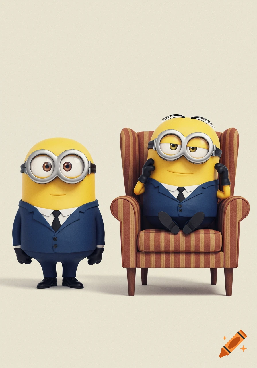 Two Minions in blue suits, one standing confidently, the other sitting in a striped armchair with a mischievous grin on a plain background.