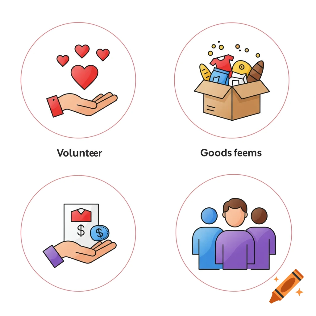 Four colorful line-art icons depicting volunteer work, a box of goods, financial donation, and a group of people.
