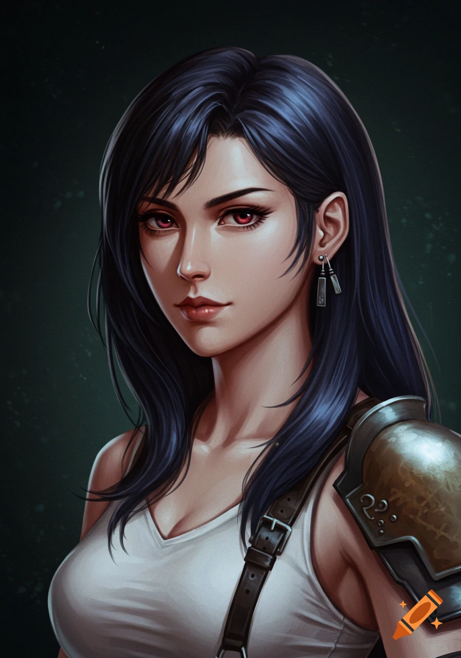 A detailed digital painting of a woman with dark hair and striking red eyes, wearing a white tank top and metallic shoulder armor, against a dark green background. She is depicted in a style reminiscent of Final Fantasy characters.
