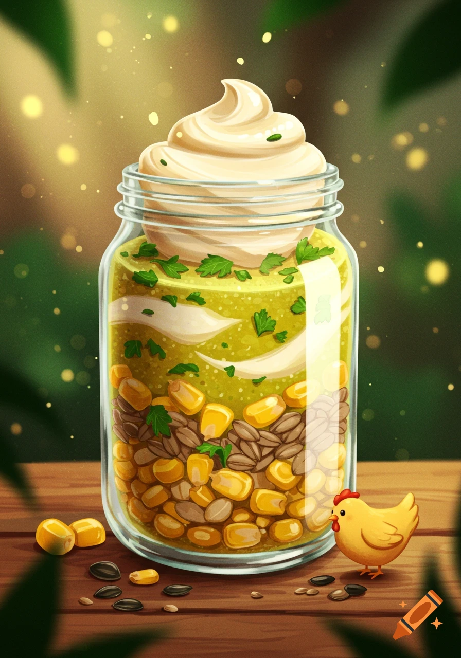 A stylized illustration of a clear glass jar filled with layers of corn, seeds, and green blend, topped with cream, on a wooden table with a small yellow chicken.
