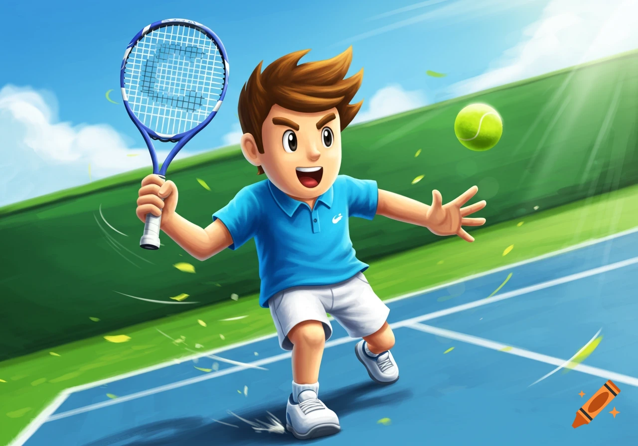 Cartoon boy in a blue shirt and white shorts playing tennis on a blue court with a racket, about to hit a ball.