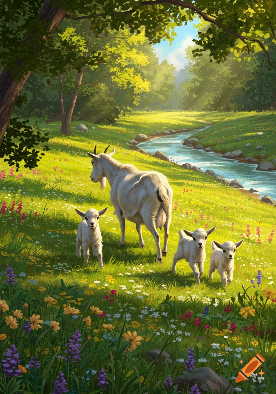 A mother goat and three baby goats stand in a sunlit, wildflower-filled green meadow with a winding stream and trees, in an illustrative style.