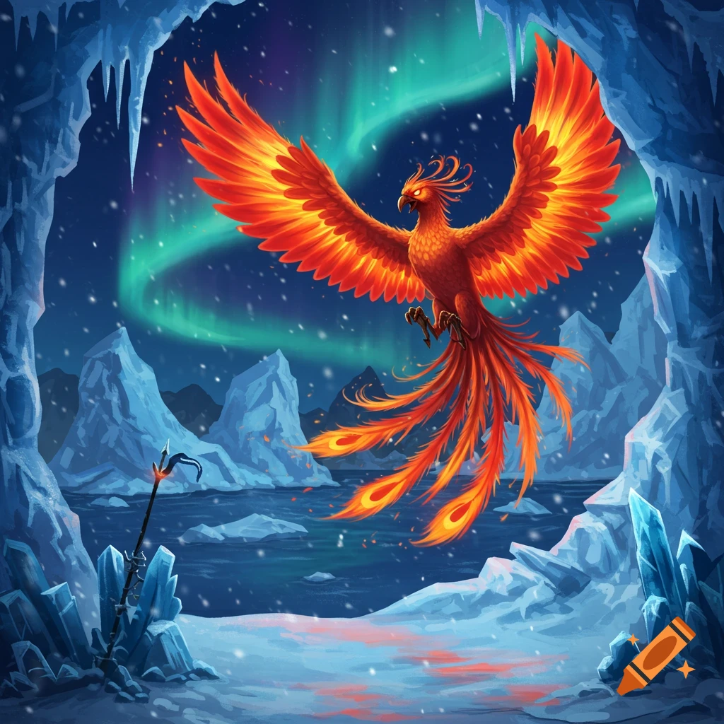 A vibrant, fiery phoenix flies through an icy cave, illuminated by a green aurora in a snowy arctic landscape, in an illustrated style.