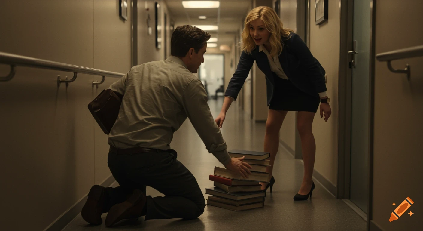 A man kneels to help a woman pick up fallen books in an office hallway, in a realistic cinematic style with warm lighting.