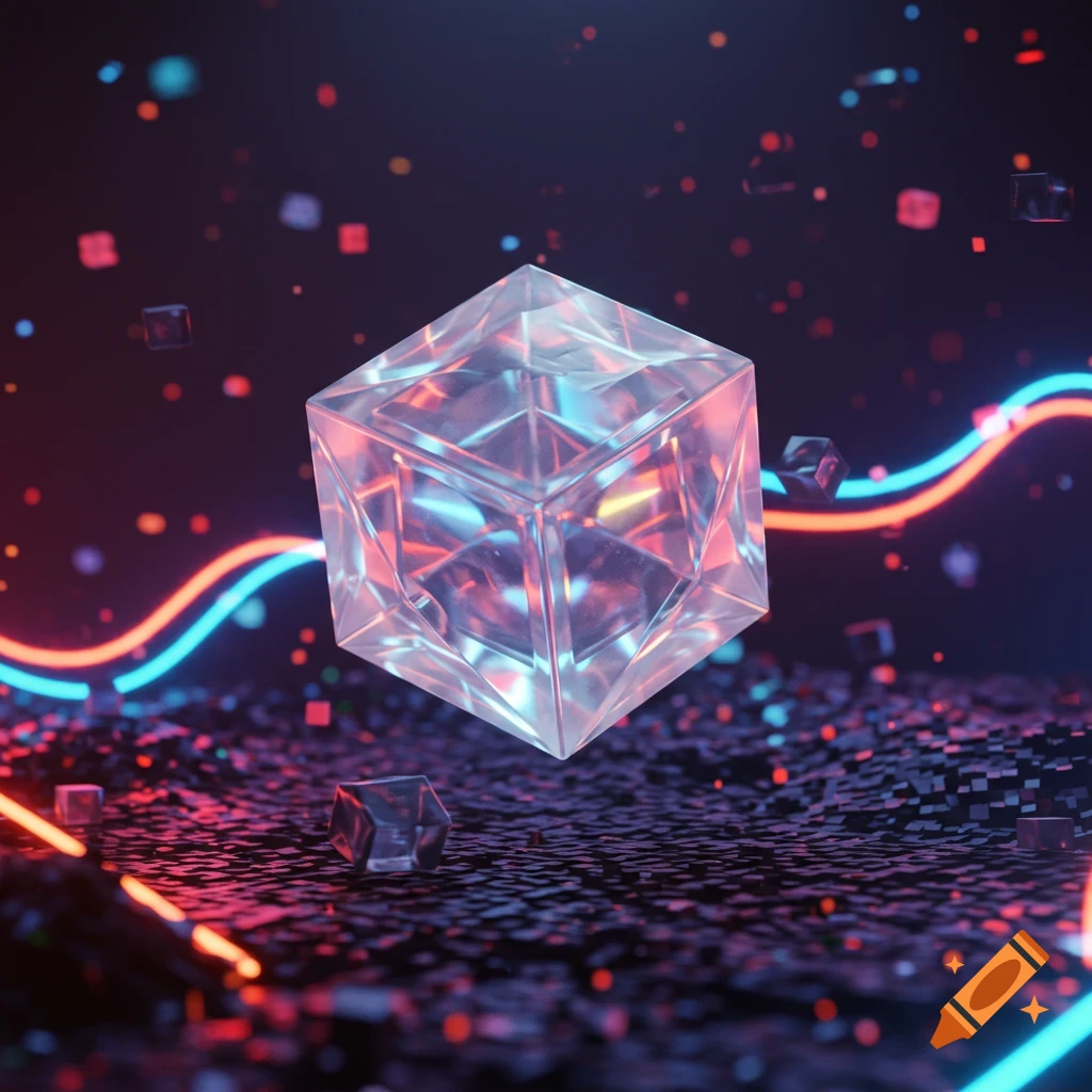 A transparent, faceted cube floats above a dark, textured surface with glowing blue and red neon lines and scattered particles, in a futuristic, abstract style.