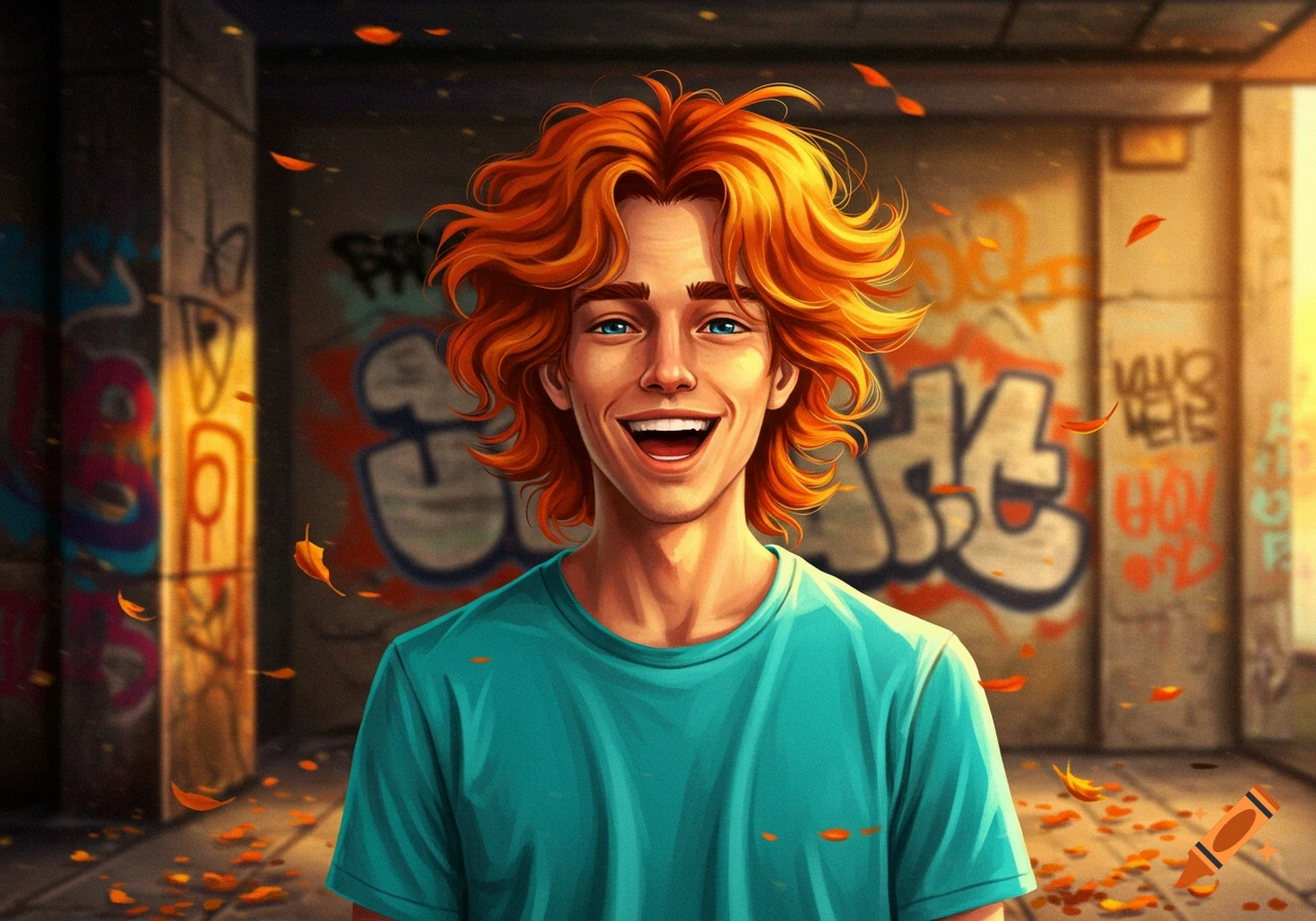 A smiling young man with bright orange, messy hair and blue eyes wears a teal shirt, standing in an urban setting with graffiti-covered walls.