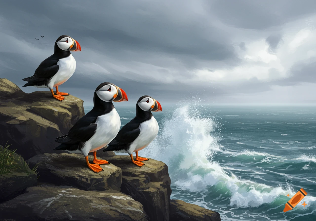 Three puffins stand on rocky cliffs, observing a turbulent, stormy ocean under a grey sky, in a digital painting.