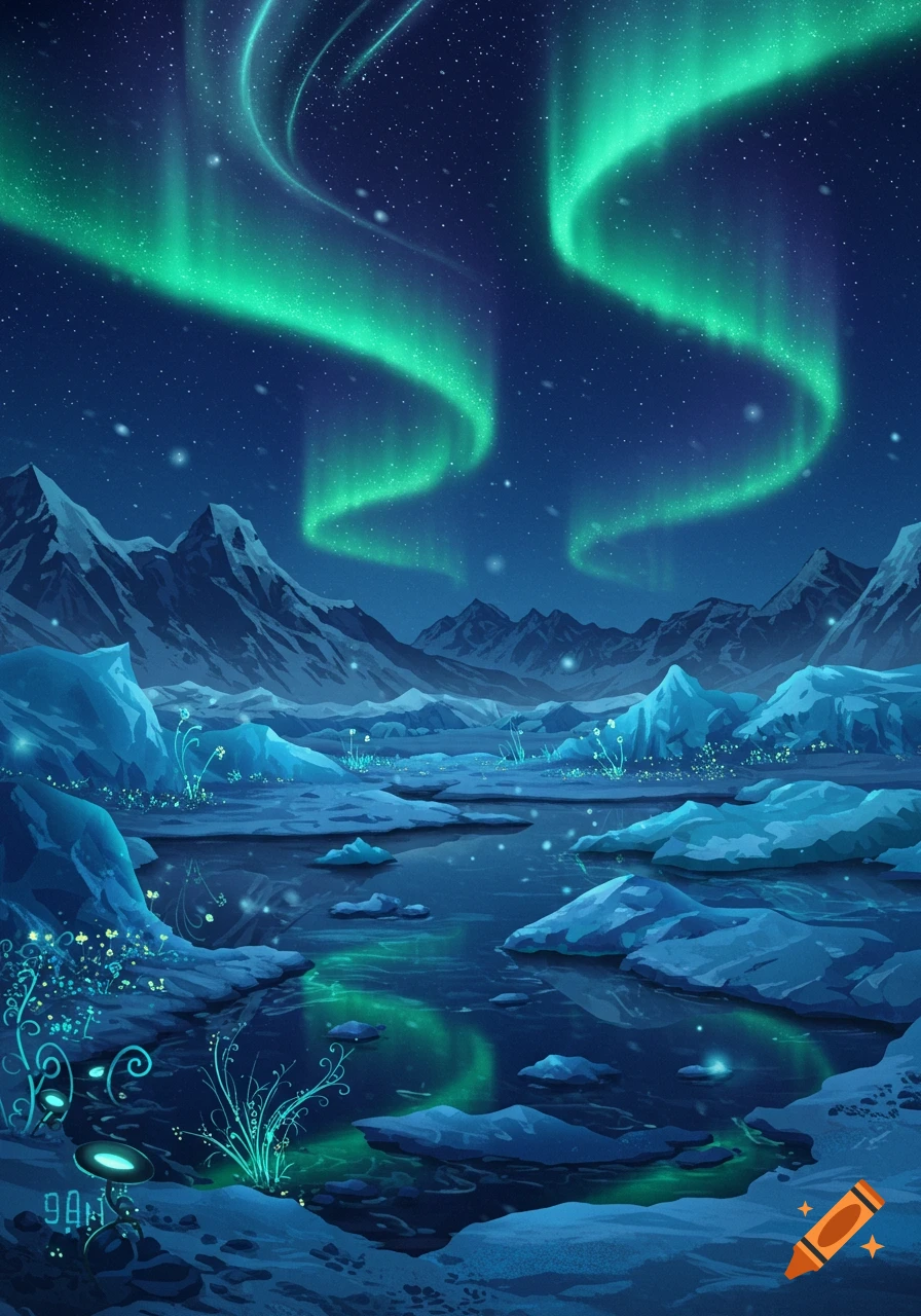 A vibrant aurora borealis illuminates a mystical arctic landscape with glowing plants and ice formations reflecting in a dark lake at night.