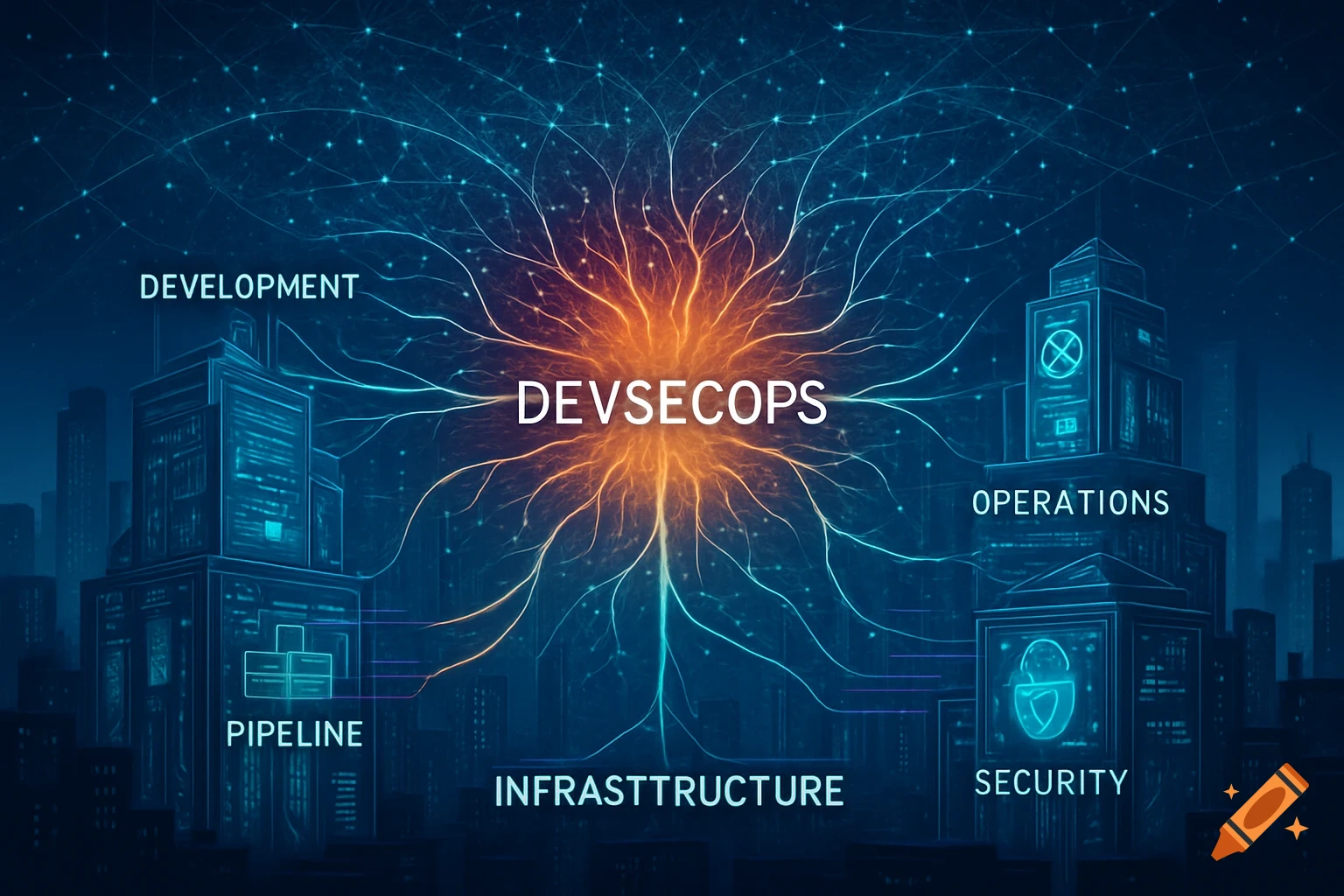 A conceptual diagram showing "DEVSECOPS" at the center of an orange neural network, connected by blue lines to labels "DEVELOPMENT", "OPERATIONS", "PIPELINE", "INFRASTTRUCTURE", and "SECURITY" over stylized blue buildings in a cityscape.