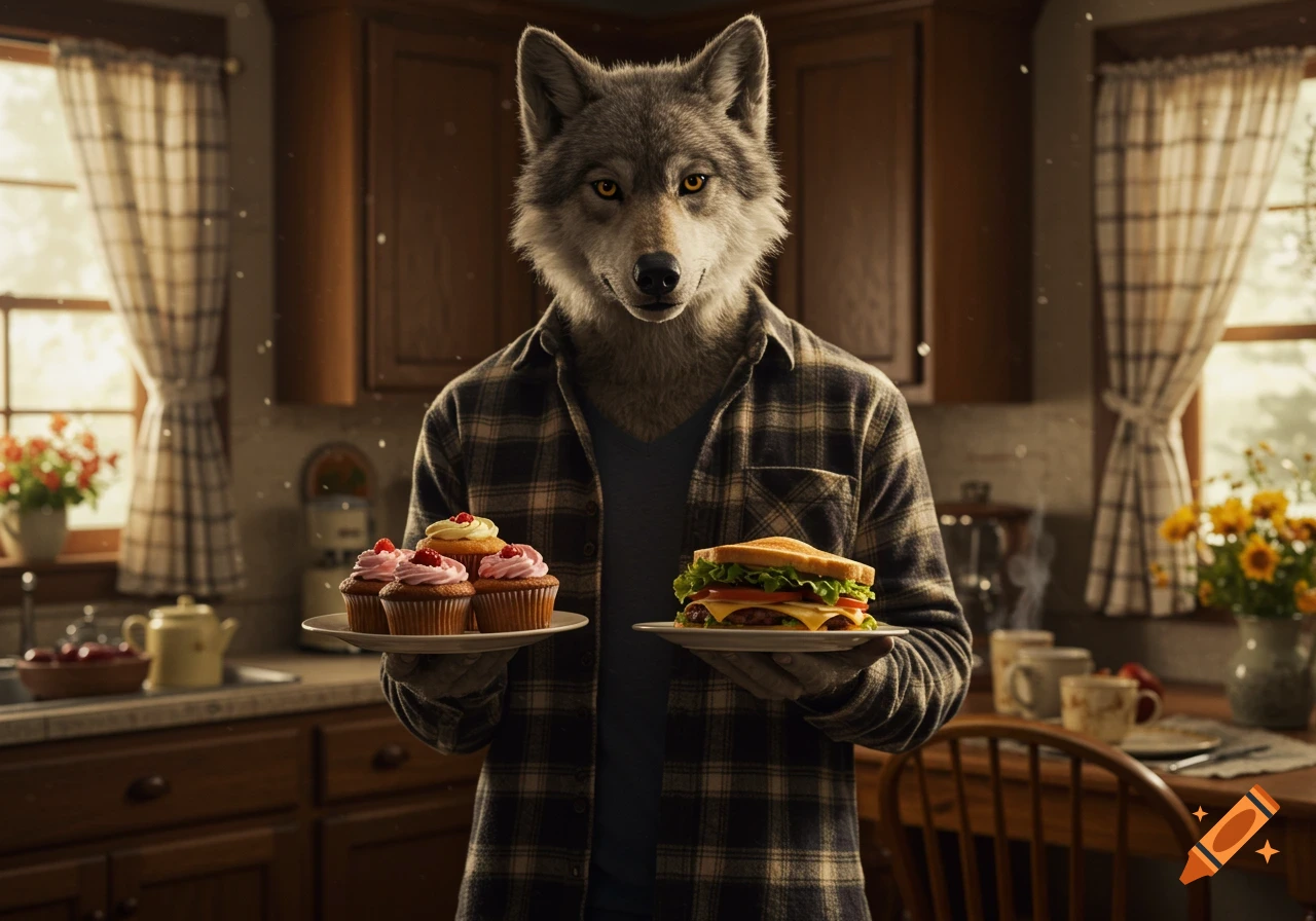 A wolf-headed man in a plaid shirt holds a plate of pink-frosted cupcakes and a plate with a sandwich in a cozy kitchen.