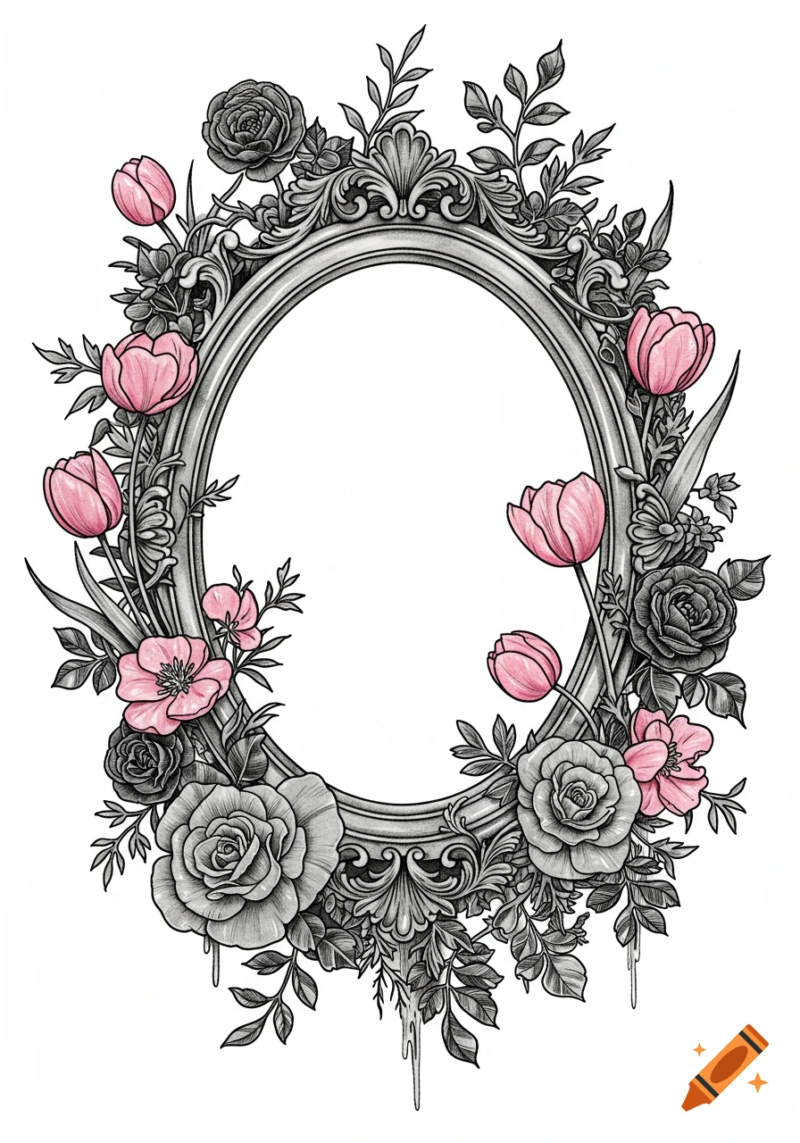 Ornate oval frame surrounded by black and grey roses, pink tulips, and leaves, in an illustrated style.