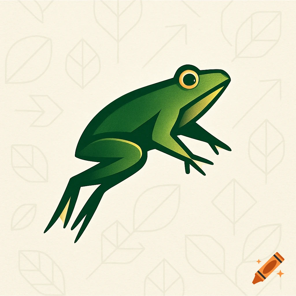 A stylized green frog logo leaping against a light background with subtle leaf and arrow patterns.
