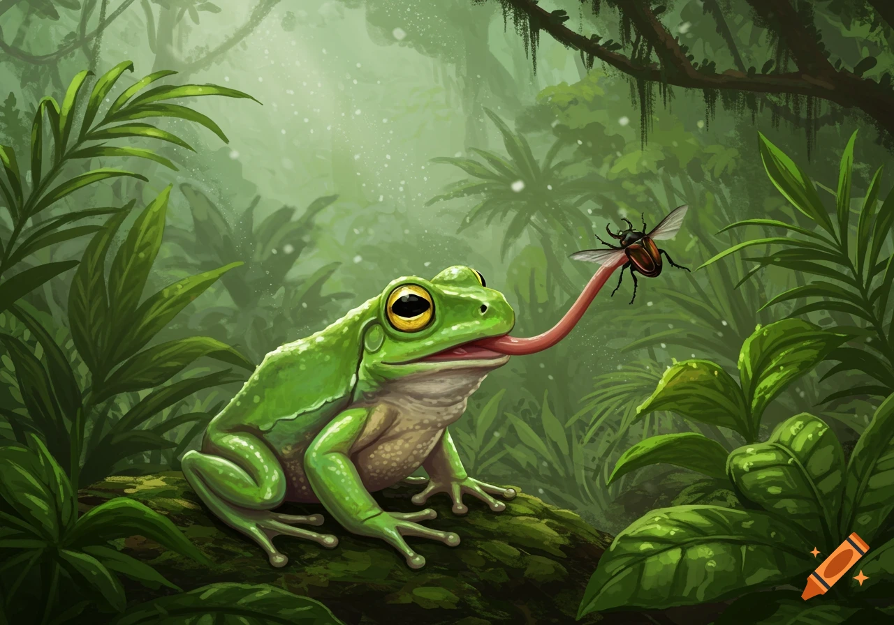 An illustrative image of a large green frog on a log in a lush jungle, catching a brown beetle with its long tongue.