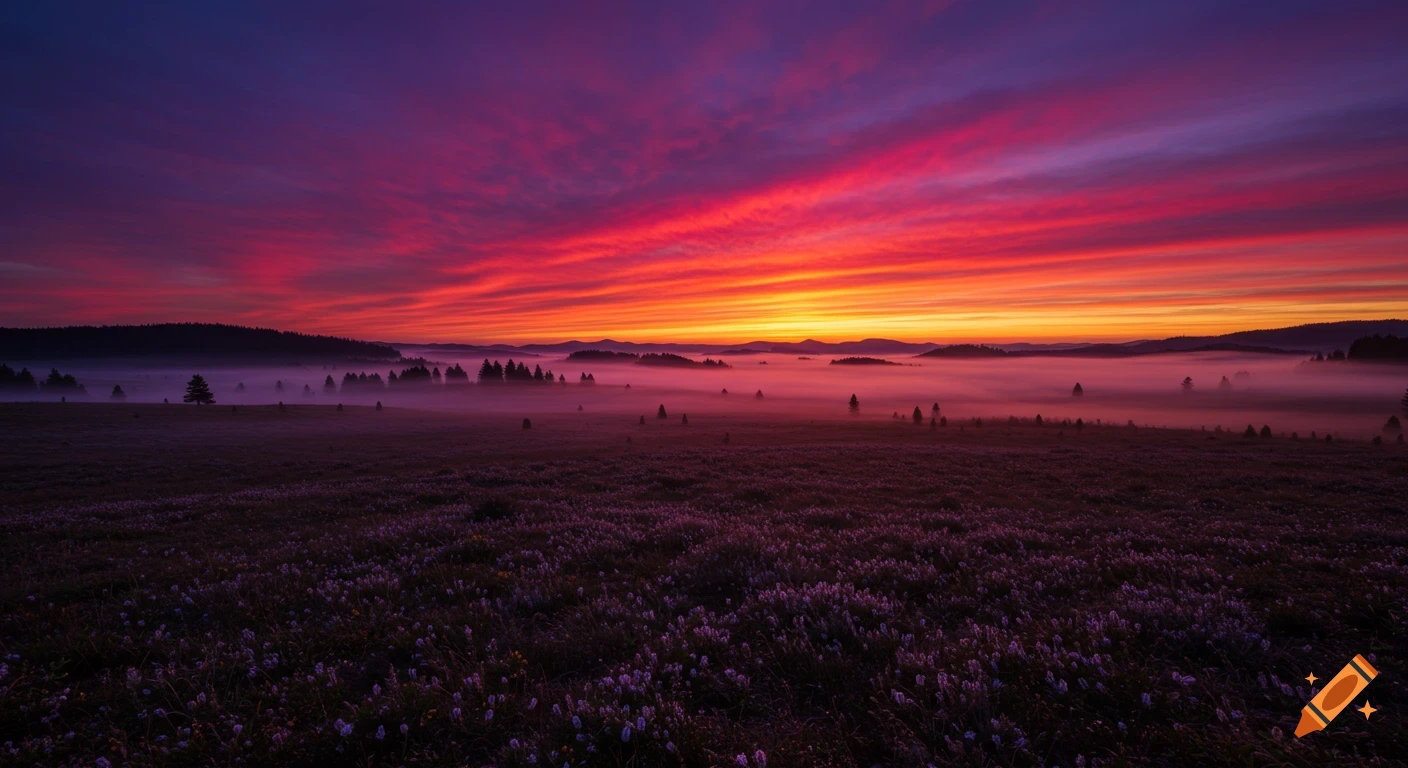 A vibrant sunset casts fiery orange, red, and purple hues across a vast misty landscape with distant trees and hills.