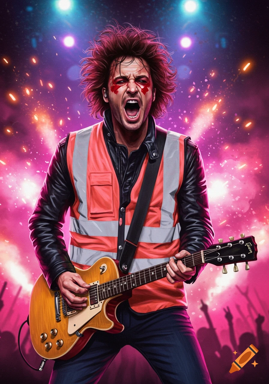 A rock star with wild red hair and face paint screams into a microphone while playing an electric guitar on stage under bright lights.