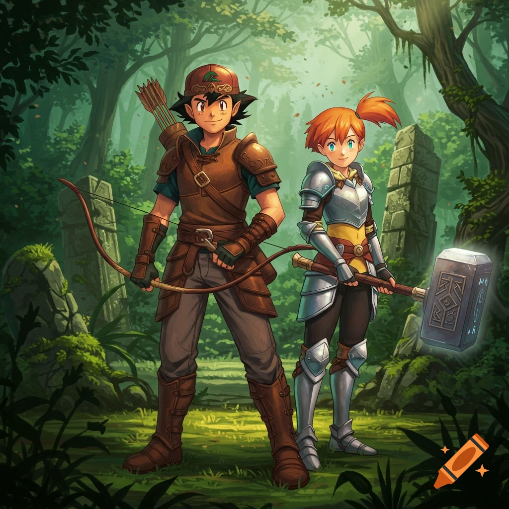 Ash Ketchum as a fantasy archer and Misty as a knight with a war hammer stand in a vibrant forest.
