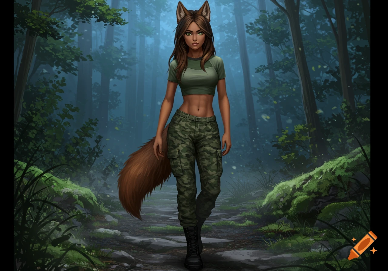 A woman with wolf ears and tail, wearing a green crop top and camouflage pants, stands on a path in a misty forest.