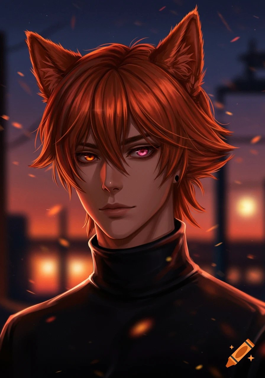 An anime portrait of a young man with orange hair, wolf ears, dark skin, a black turtleneck, and heterochromia (orange and pink eyes).