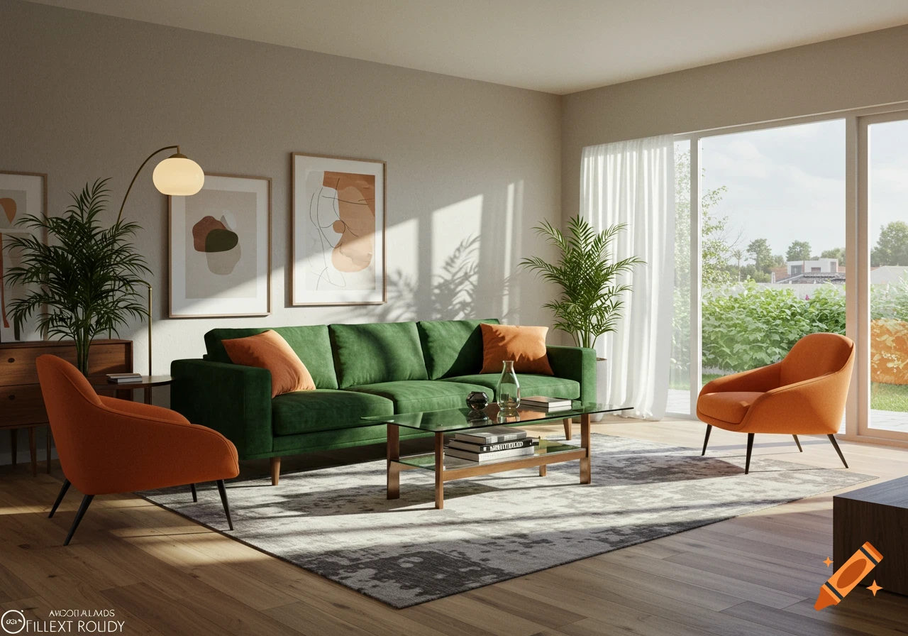 A modern living room with a green velvet couch, two orange accent chairs, a glass coffee table, and abstract wall art, bathed in sunlight from a large window.