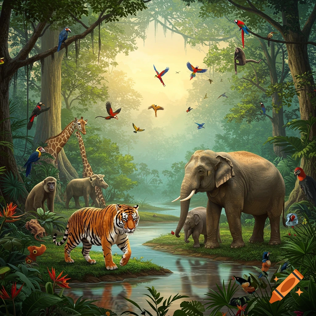 A vibrant, detailed illustration of diverse jungle animals including elephants, a tiger, giraffe, monkeys, and colorful birds gathered by a river at sunrise.