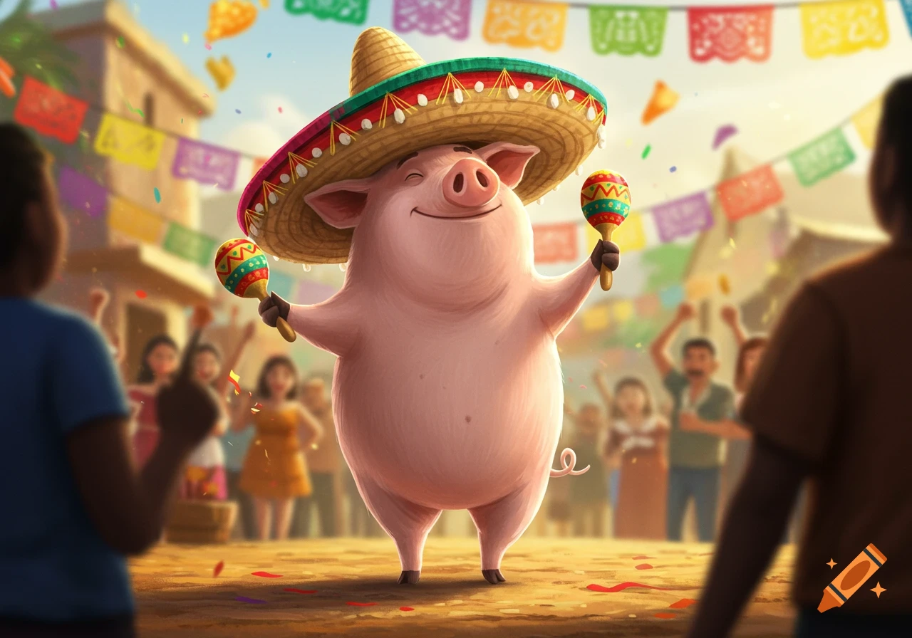 A happy cartoon pig wearing a sombrero stands like a human, shaking maracas at a vibrant fiesta with colorful banners and people in the background.