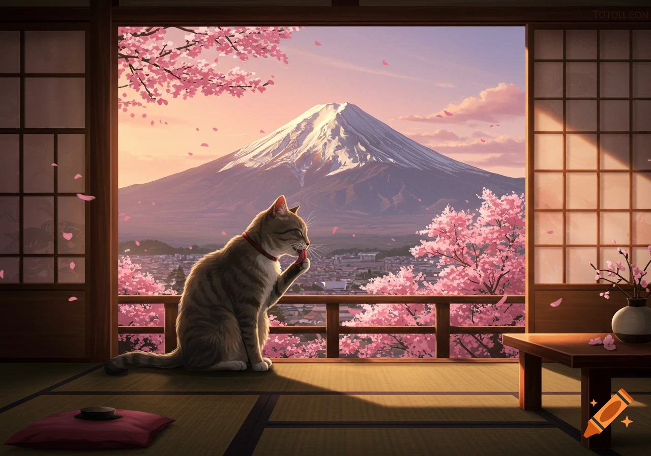 A tabby cat licks its paw inside a Japanese home, looking out at Mount Fuji and cherry blossoms at sunset.