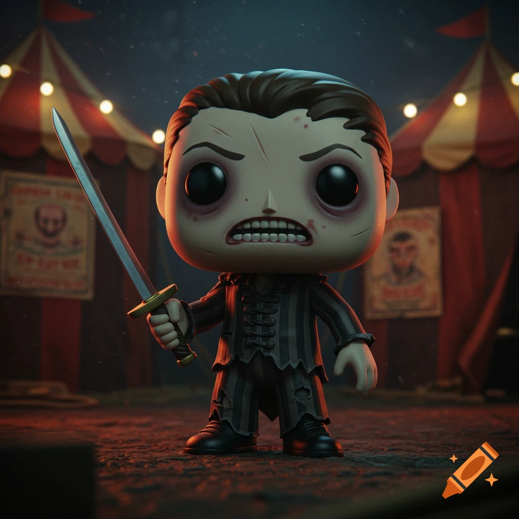 A Funko Pop figure of an angry horror sword swallower holding a sword in a dark circus setting.