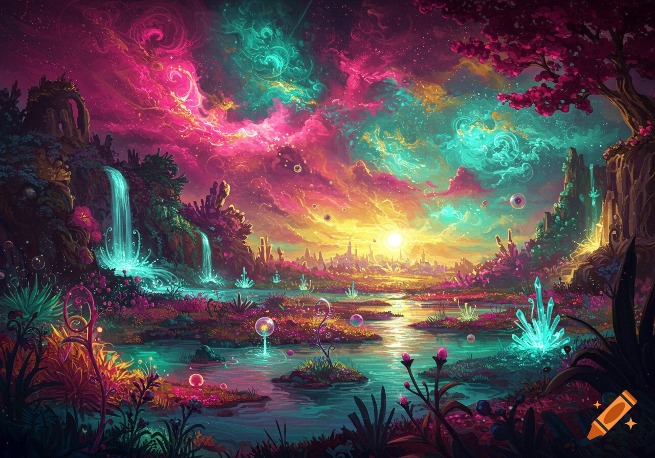 A vibrant psychedelic fantasy landscape at sunset with glowing waterfalls, crystal formations, and a distant city under a colorful sky.