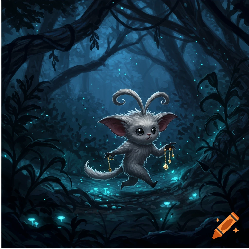 A cute, furry, grey creature with large ears and antlers walks through a mystical, glowing dark forest, holding golden keys.