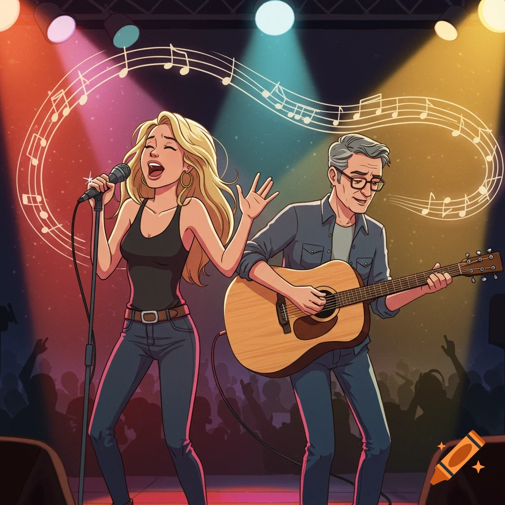 Cartoon-style image of a female singer and a male guitarist performing on a stage under colorful lights, with music notes in the air.