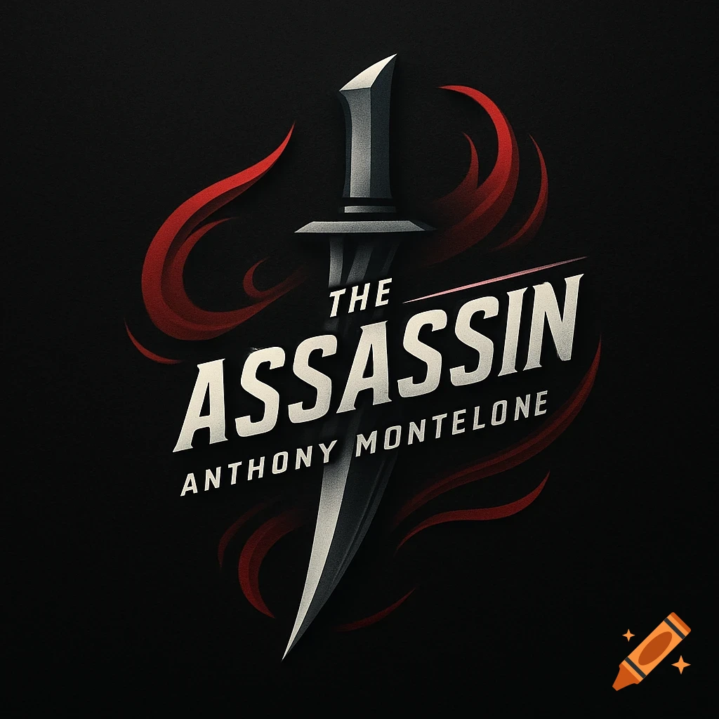 A stylized logo featuring a dagger with 'The Assassin Anthony Montelone' text and red design elements on a black background.