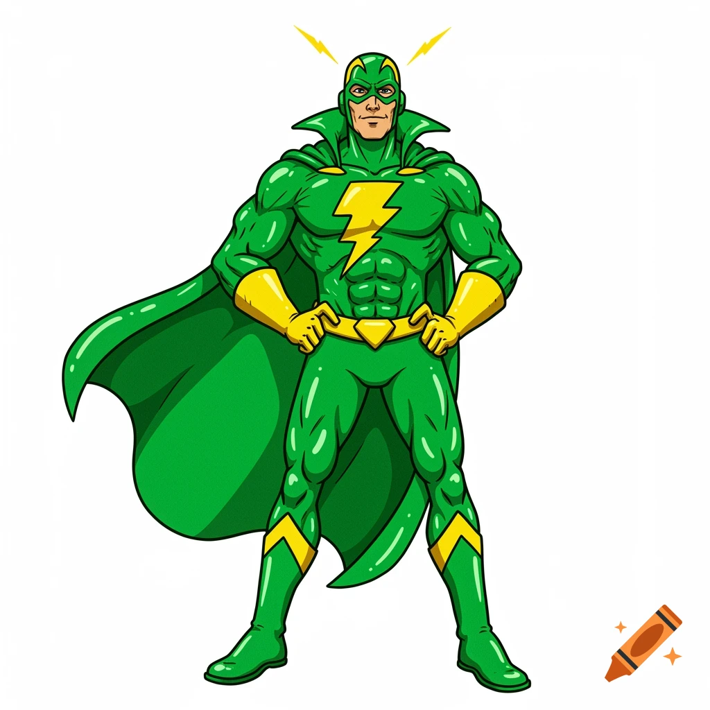 A cartoon superhero in a green and yellow suit with a cape and mask, featuring a lightning bolt emblem, stands on a white background.