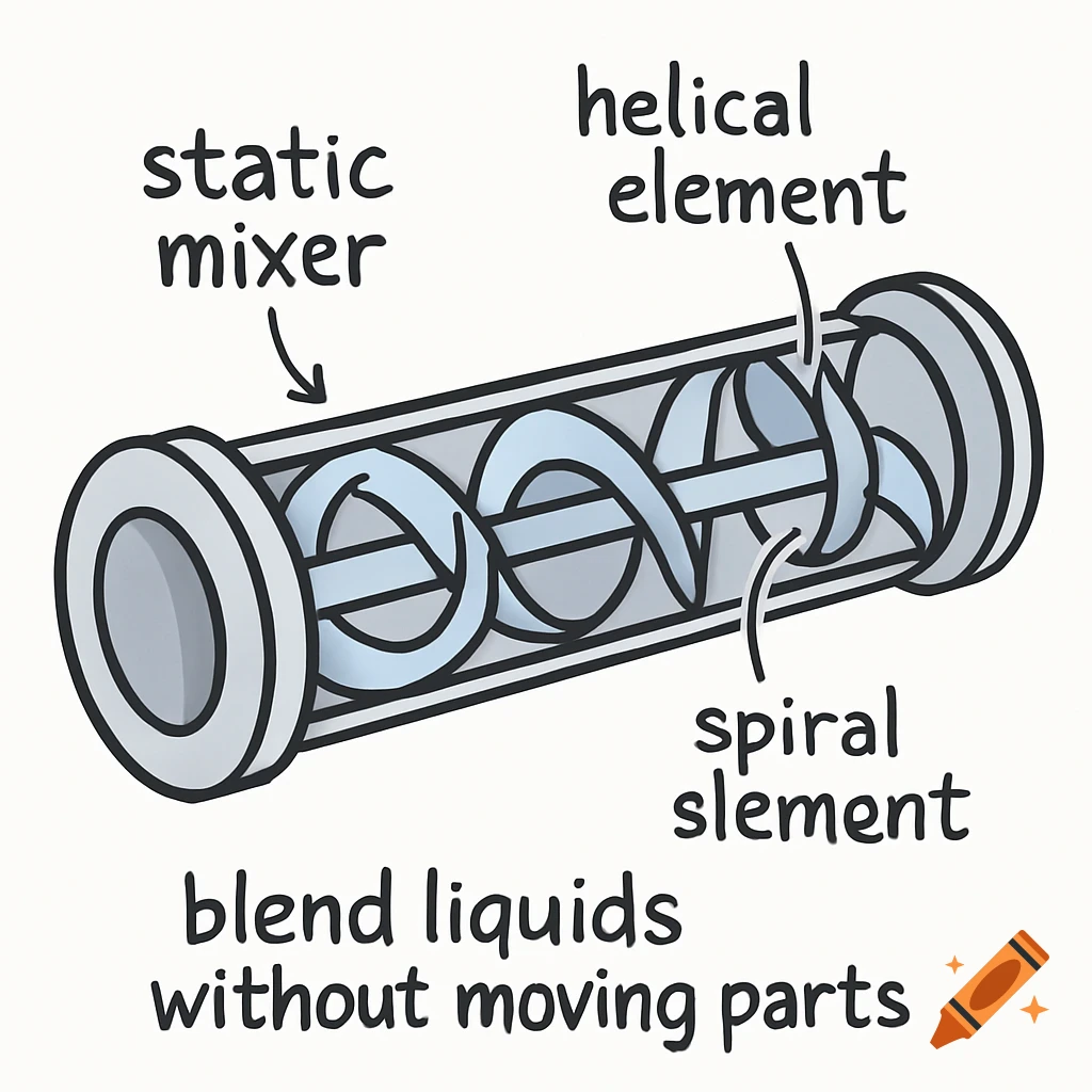An Excalidraw-style diagram of a static mixer, showing its internal helical and spiral elements, with labels and text indicating it blends liquids without moving parts.