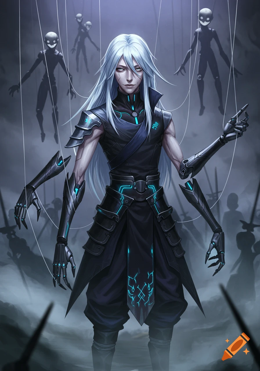 An anime-style man with long silver hair and pale skin, wearing dark armor with glowing blue accents, controls floating mechanical puppet parts and shadowy figures with wires in a misty, dark setting.
