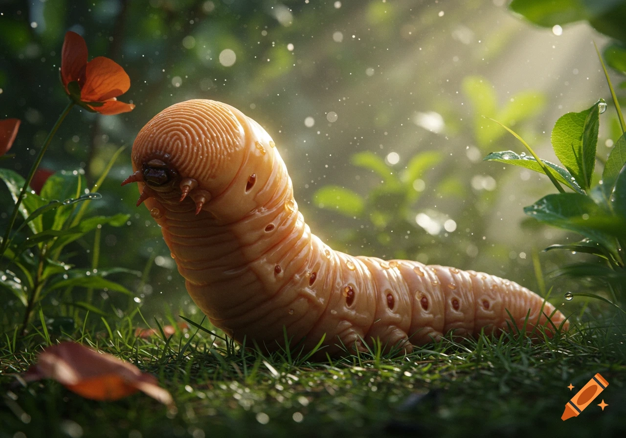 Photorealistic close-up of a large, light orange worm with human-like textured skin, on green grass with an orange flower in misty sunlight.