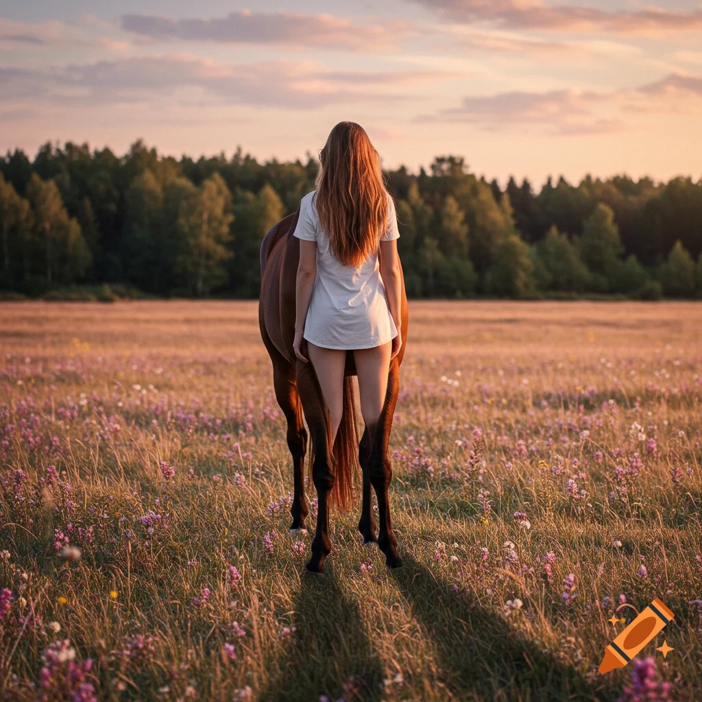 A girl with horse legs stands in a wildflower field at sunset, facing away. Photorealistic.