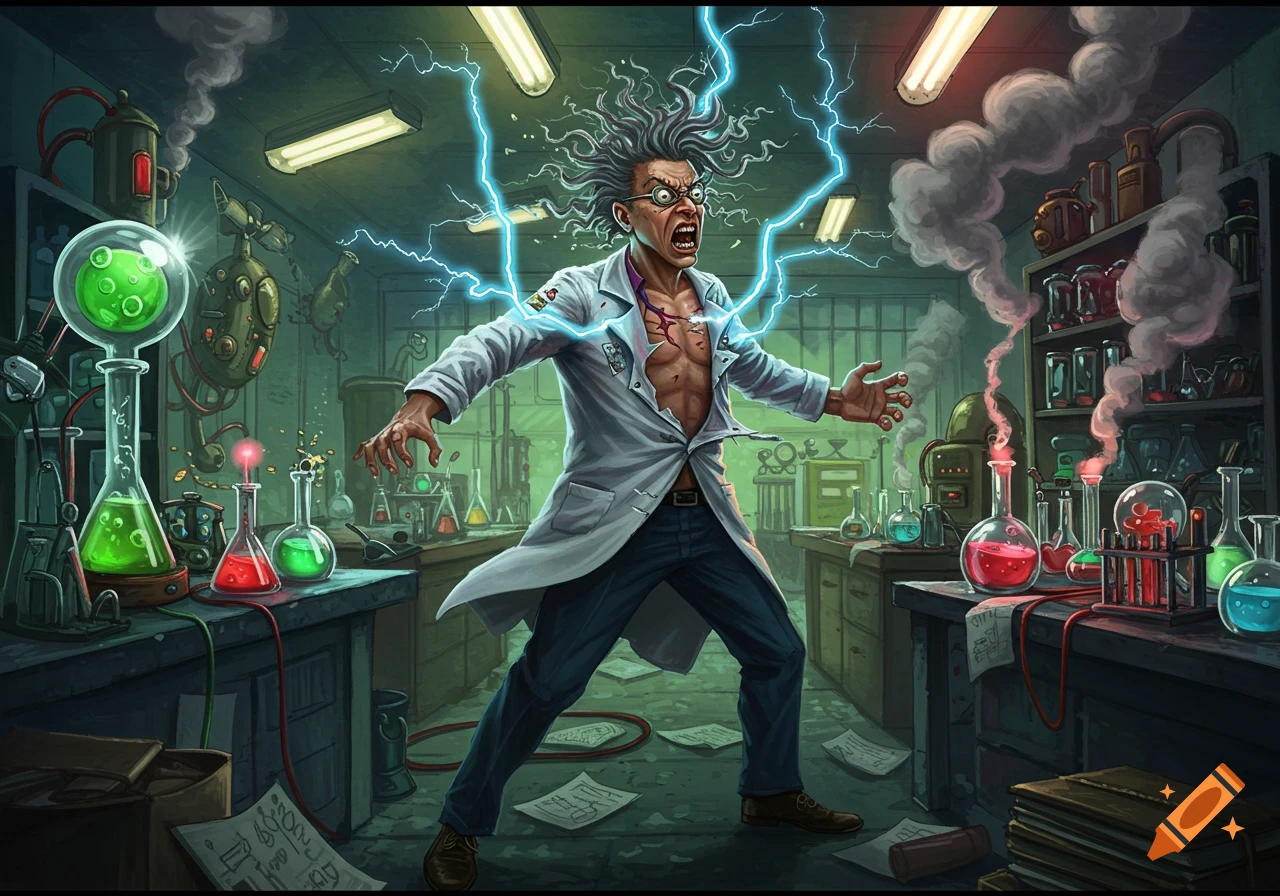 A wide-eyed mad scientist with wild hair and a ripped lab coat is being zapped by blue lightning in a chaotic laboratory filled with colorful beakers, smoke, and mysterious equipment.