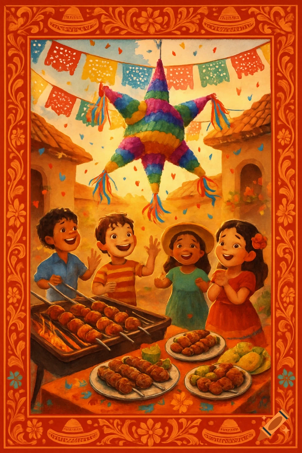 Watercolor illustration of children at a festive outdoor pi A1ata party with grilled food and colorful banners.