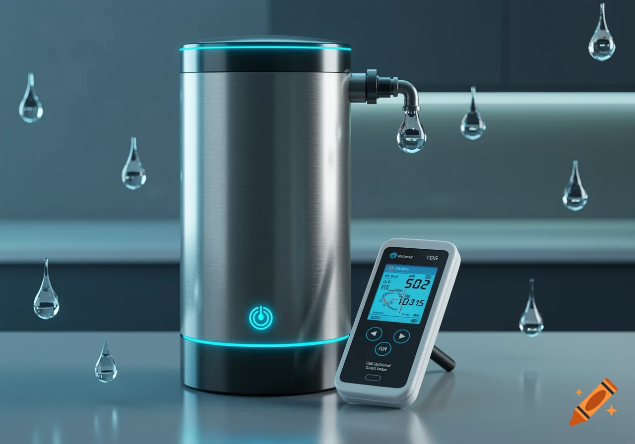 Photorealistic image of a stainless steel water softener with blue light and a white digital TDS meter, surrounded by water droplets.