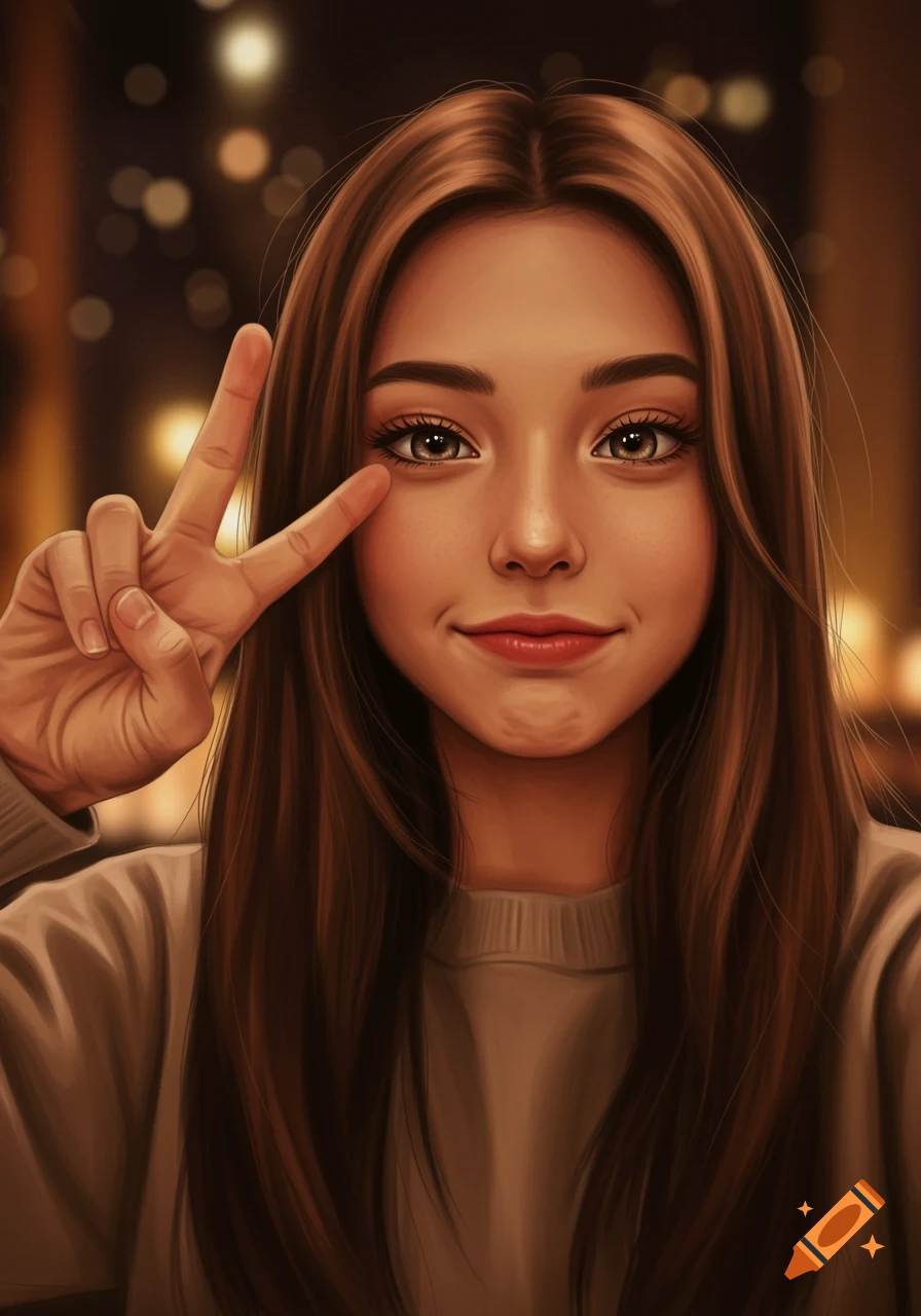 Digital art portrait of a young woman taking a selfie and holding up a peace sign.