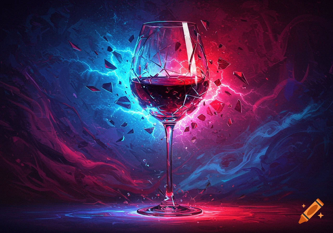 An abstract, vibrant image of a wine glass appearing to shatter, with red wine inside and surrounded by blue and red lightning and swirling energy.